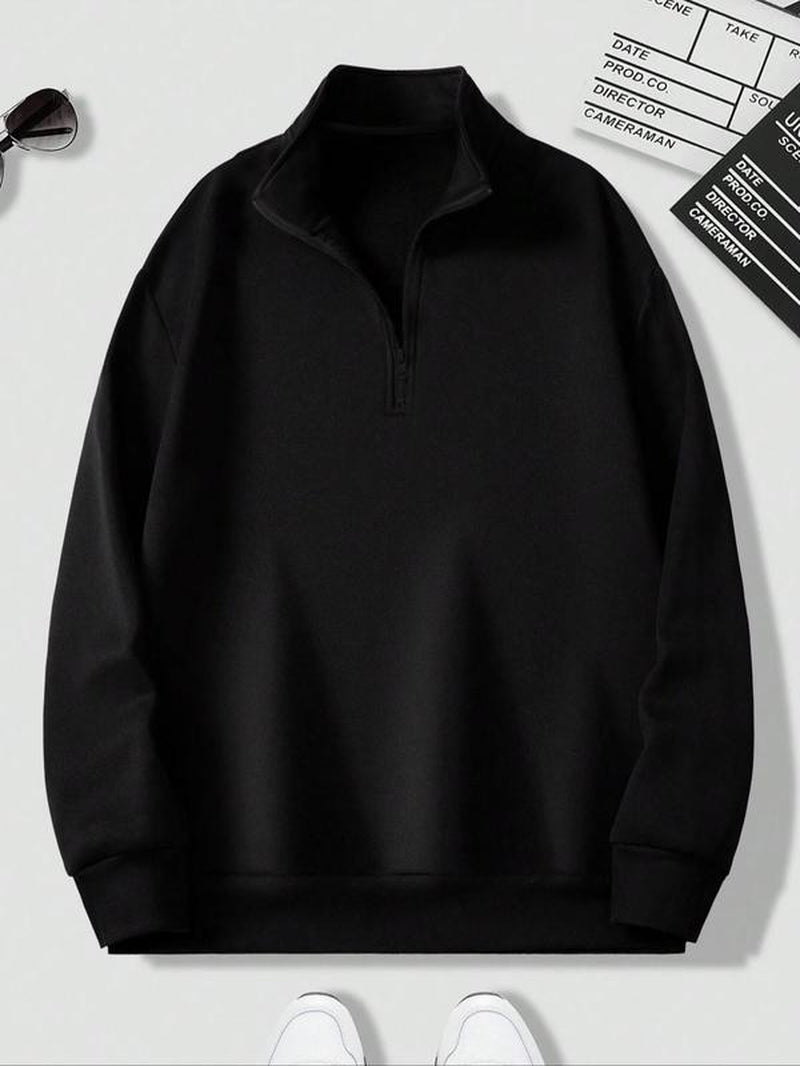 Men'S Solid Drop Shoulder Half Zip up Thermal Lined Lounge Sweatshirt, Regular Fit Casual Long Sleeve Funnel Neck Pullover for Spring & Fall, Men'S Loungewear for Daily Wear