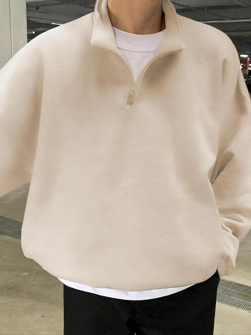 Men'S Solid Drop Shoulder Half Zip up Thermal Lined Lounge Sweatshirt, Regular Fit Casual Long Sleeve Funnel Neck Pullover for Spring & Fall, Men'S Loungewear for Daily Wear